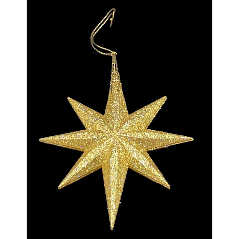 Vintage Gold Glitter 8 Point Star Christmas Tree Ornament 6” - Picture 1 of 5